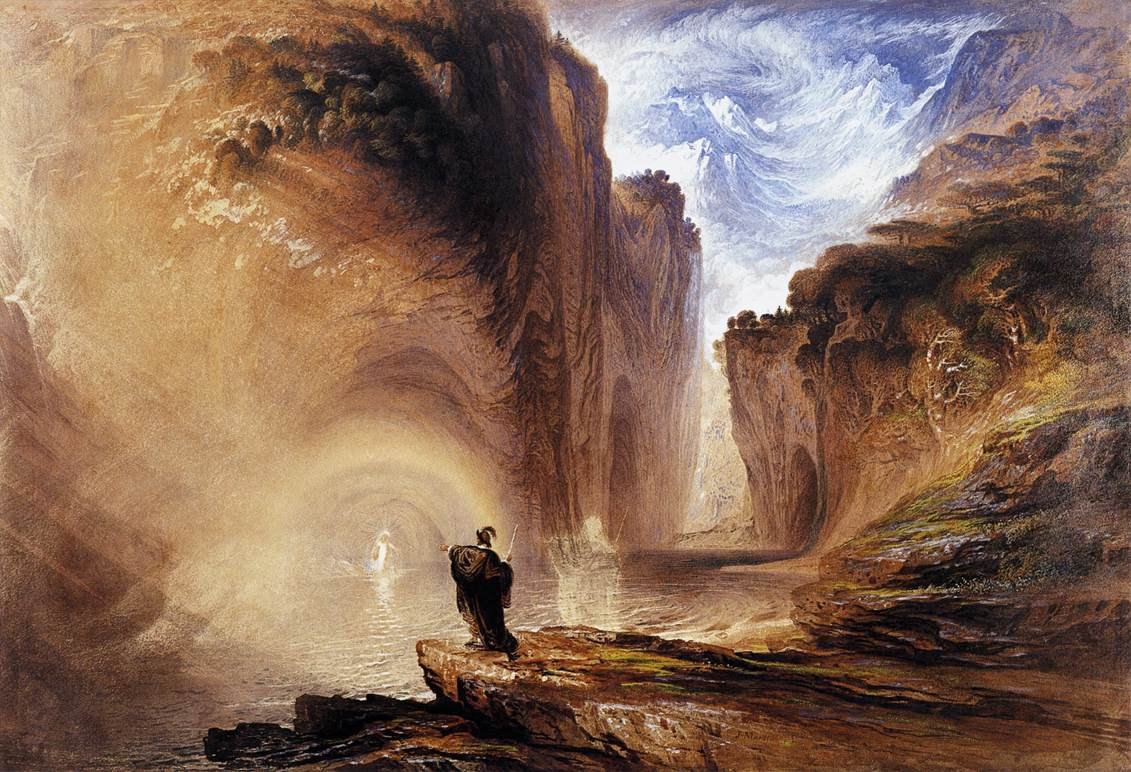 A cloaked figure summons a luminous spirit beside a lake, beneath towering golden cliffs and an icy mountain.